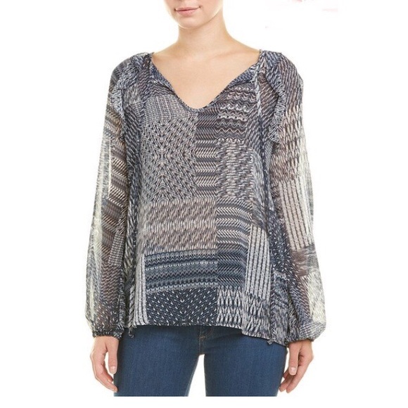 ⭐️ BCBGMaxAzria Navy Mixed Print Long Sleeve Blouse L - Picture 1 of 8